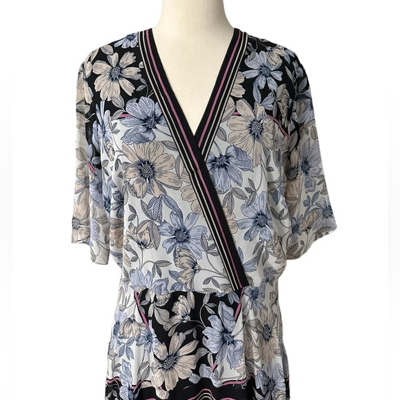 Maison Tara Blue Pink Black Tan Gray Floral Nouveau Chiffon Midi Dress Size 14 - Picture 3 of 12